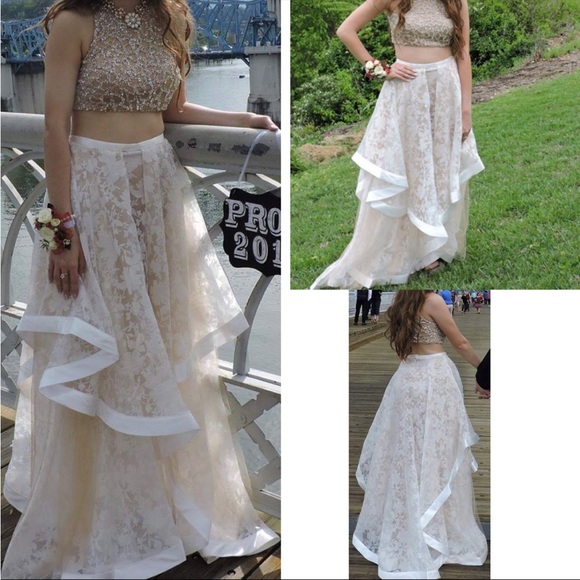 Two piece prom dress, Golden pearl embellished Top & white/tan lace skirt  size 4 - threedaughtersproperties.com